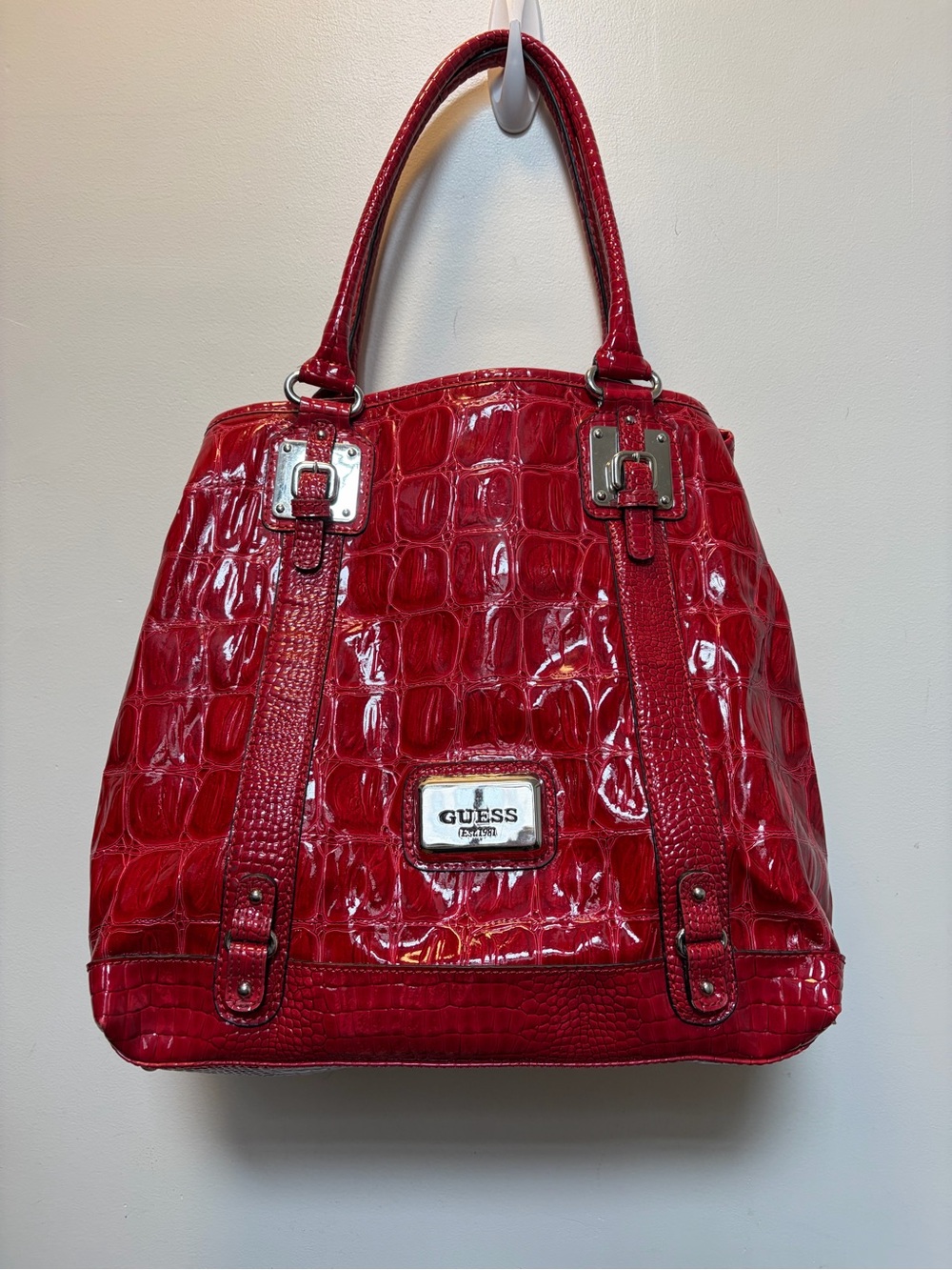 GUESS Y2K RARE brand new Red Patent Croc-Embossed Tote Bag mint!